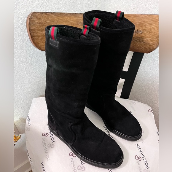 GUCCI SAINT MORITZ PRE-LOVED RARE AUTHENTIC BLK SUEDE LEATHERSHEARLING BOOTS